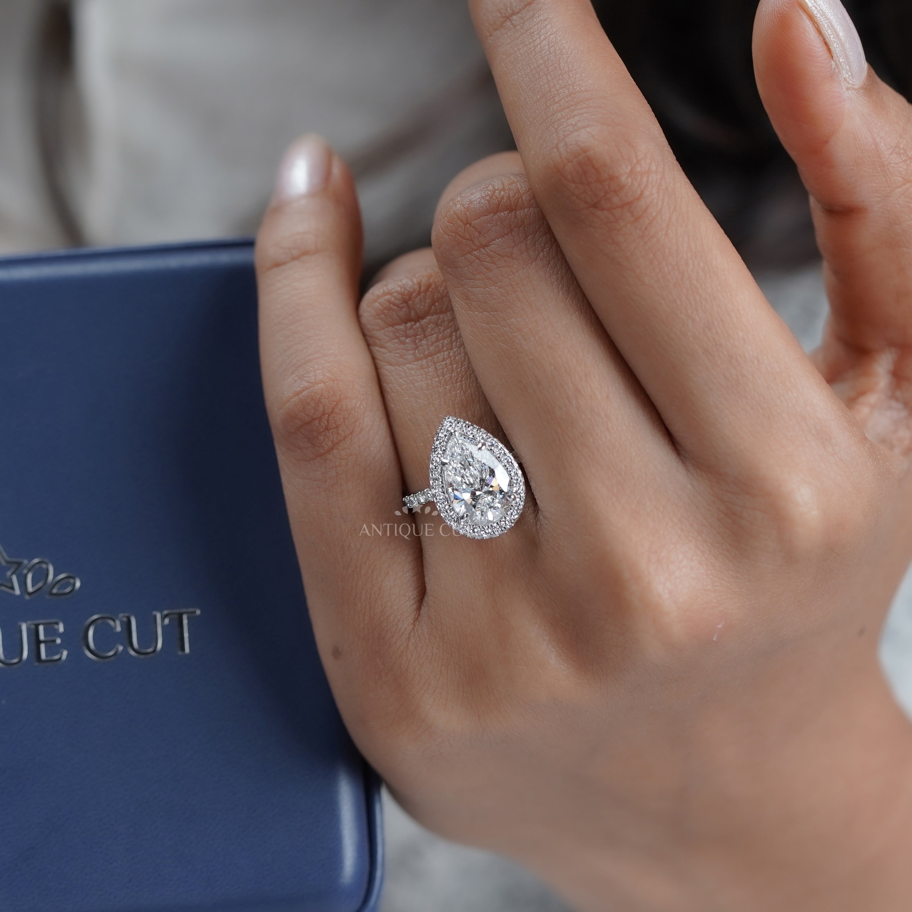 Pear 3.20ct Halo Lab Diamond Ring | Pave Band | IGI Certified