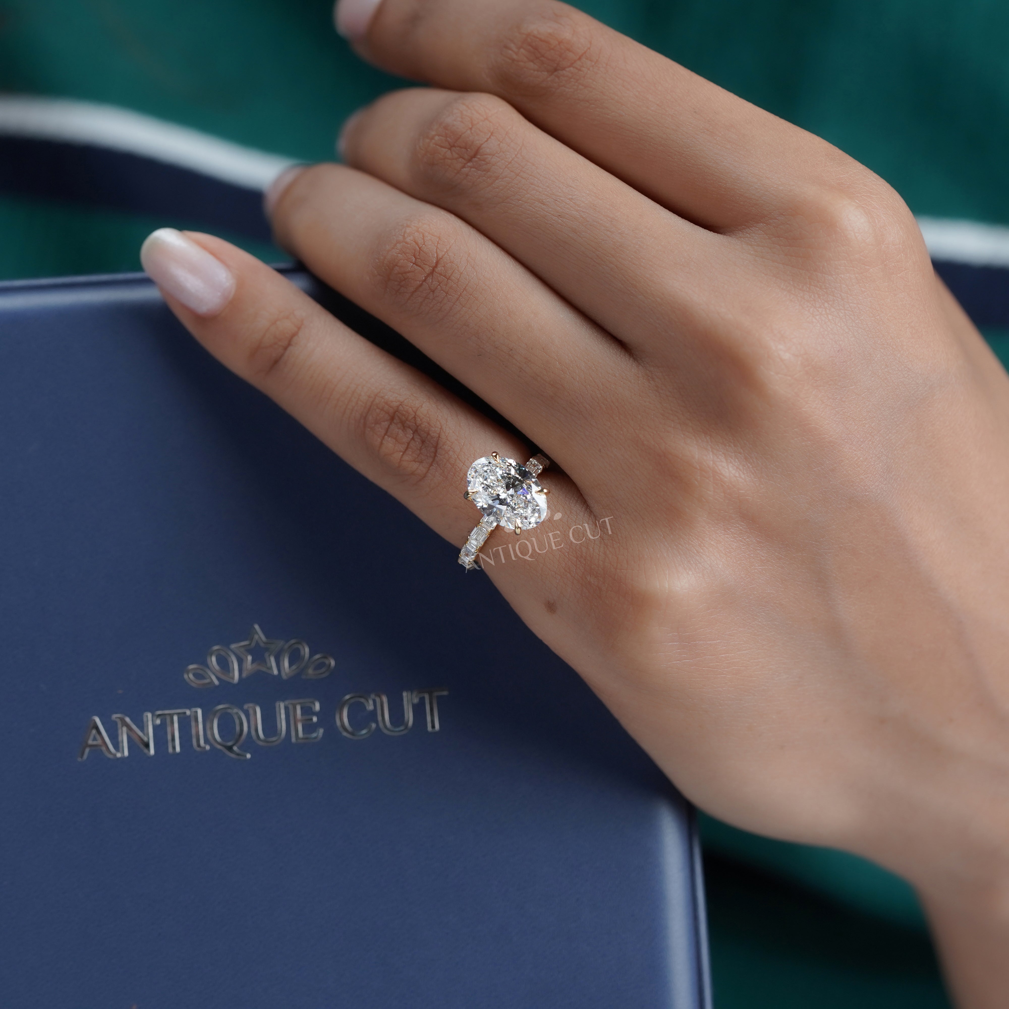 Oval 4.30tcw Lab Diamond Ring | Emerald & Round Side Stones | Yellow Gold | IGI Certified