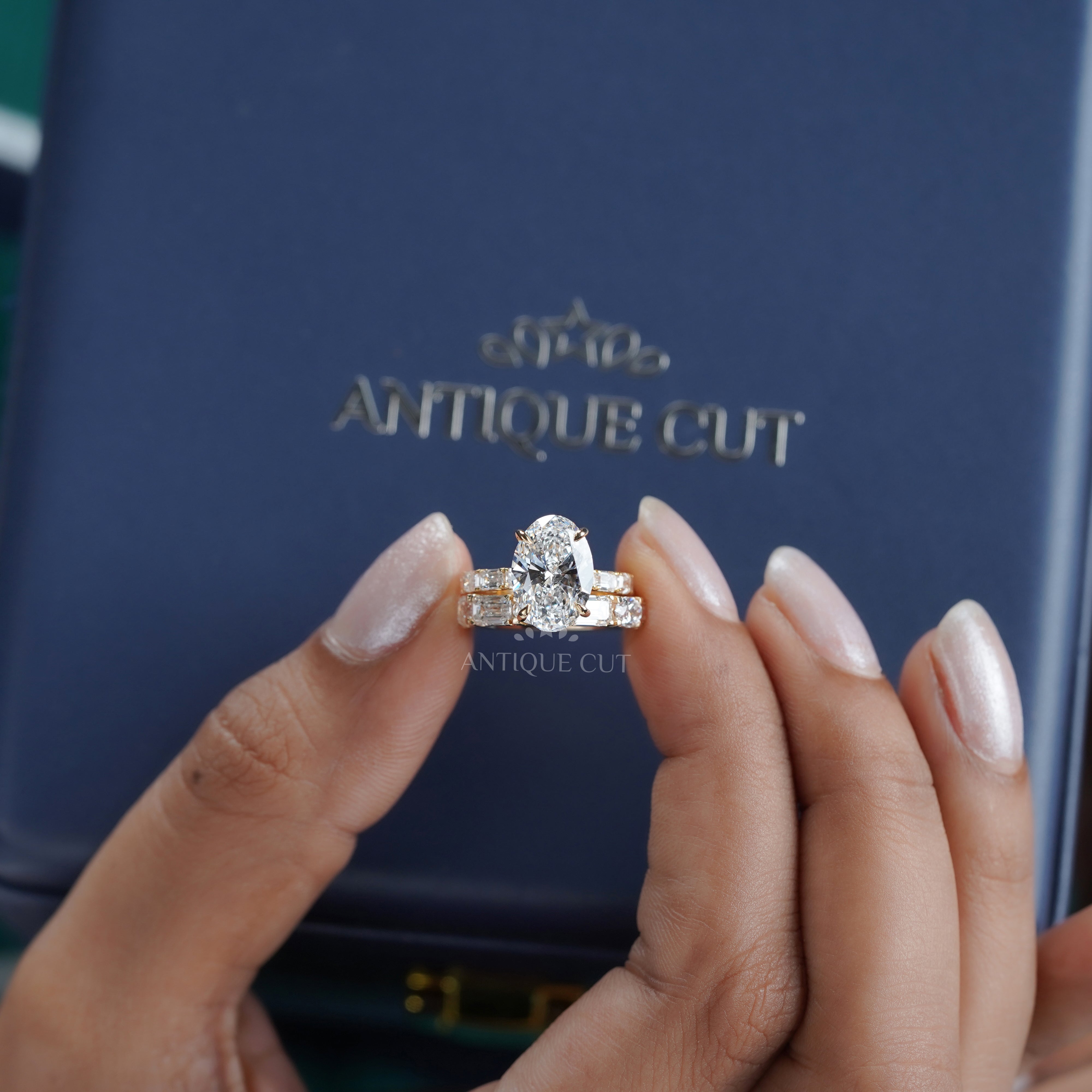 Oval 6.30tcw Lab Diamond Wedding Set | IGI Certified | Yellow Gold | Elegant 3-Stone + Matching Band