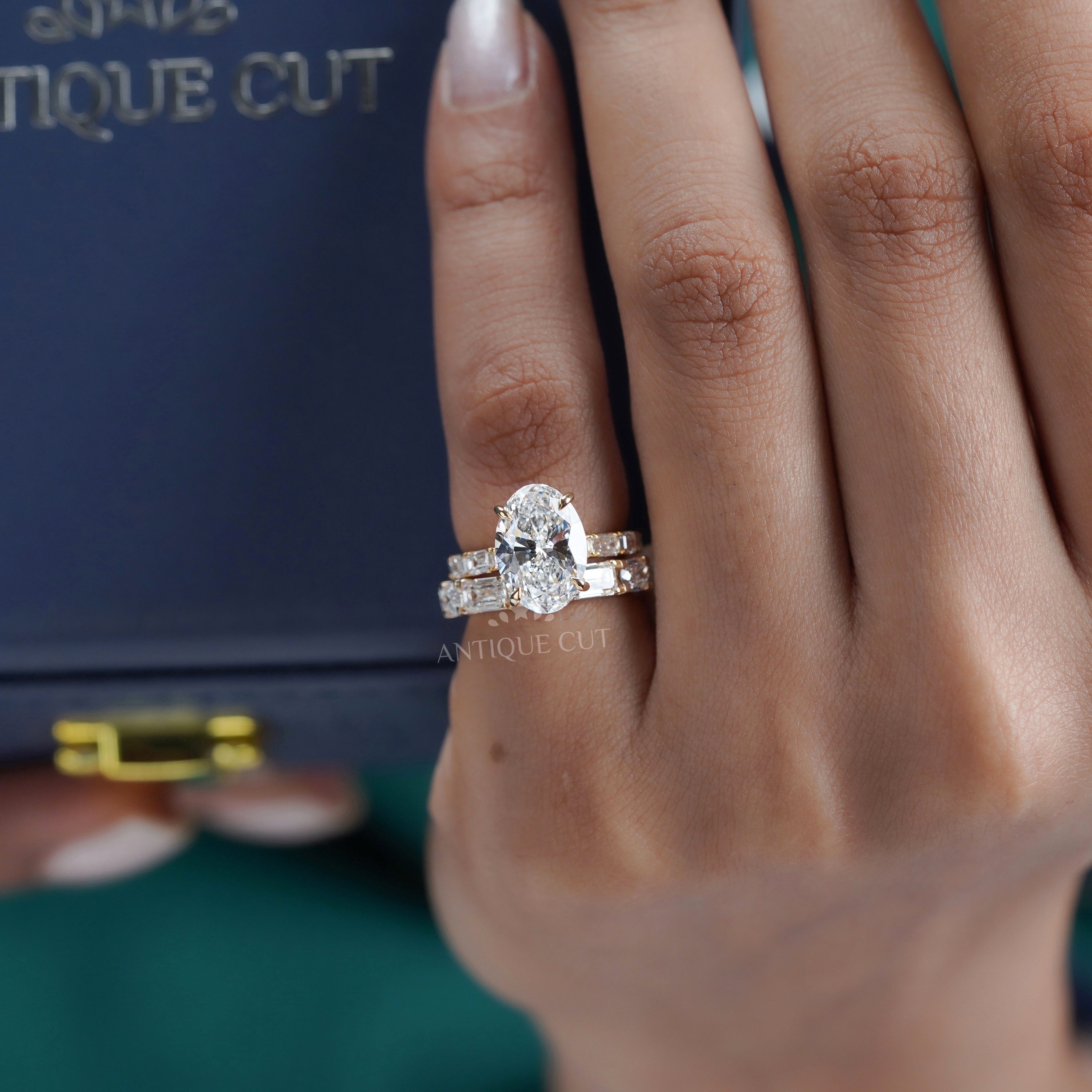 Oval 6.30tcw Lab Diamond Wedding Set | IGI Certified | Yellow Gold | Elegant 3-Stone + Matching Band