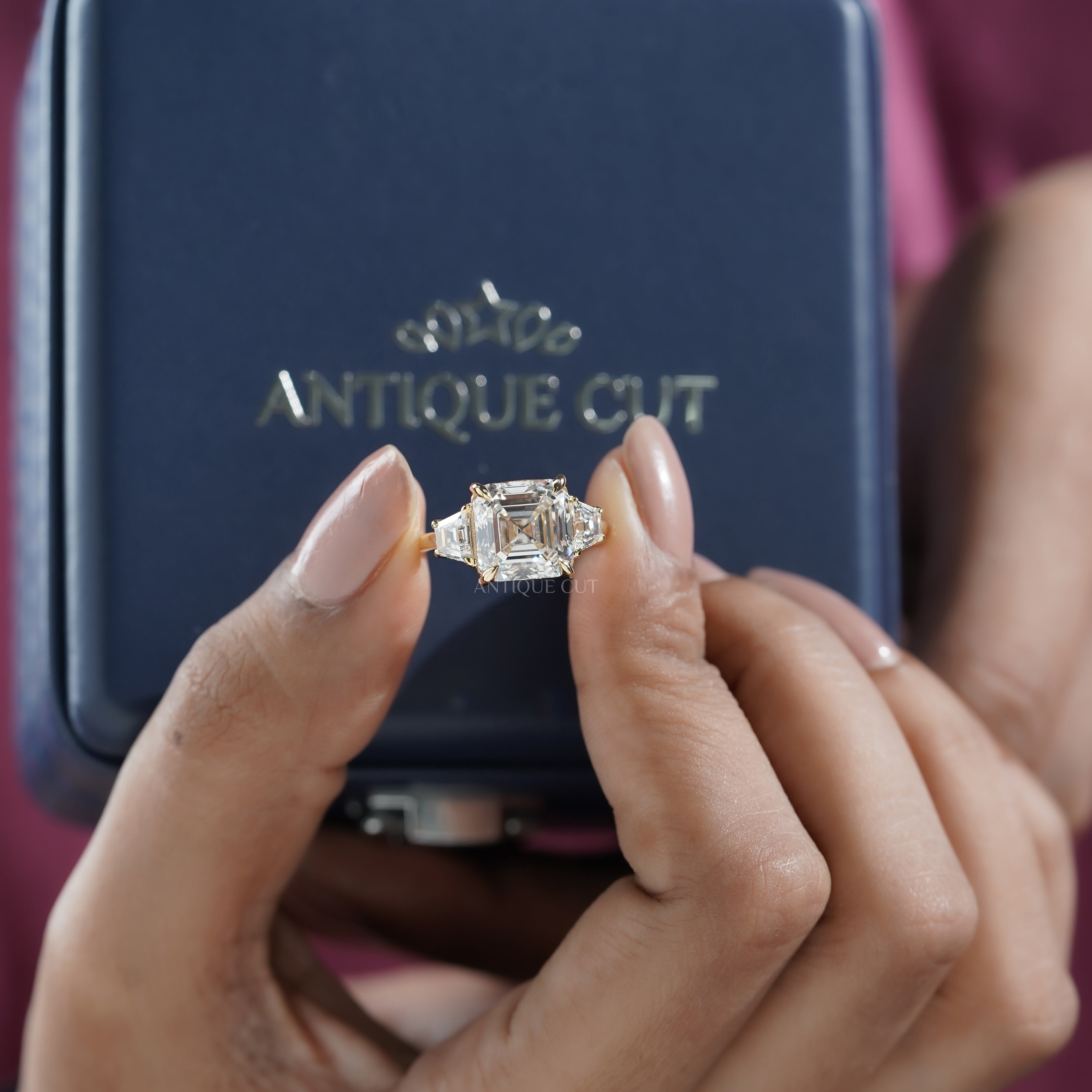 6.60tcw Asscher Lab Grown Diamond Engagement Ring | 6ct Center & Trapezoid Side Stones | 14k Gold