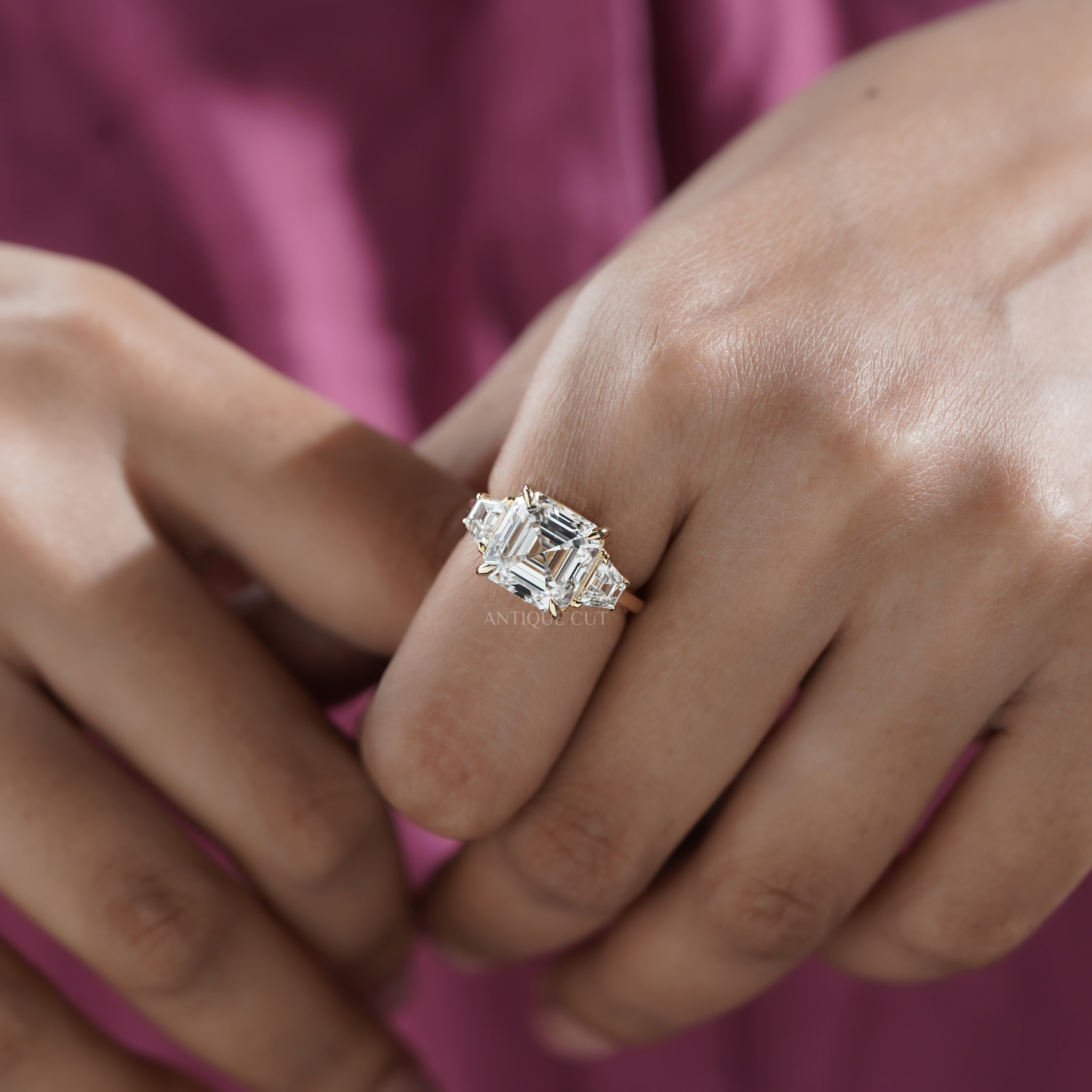6.60tcw Asscher Lab Grown Diamond Engagement Ring | 6ct Center & Trapezoid Side Stones | 14k Gold
