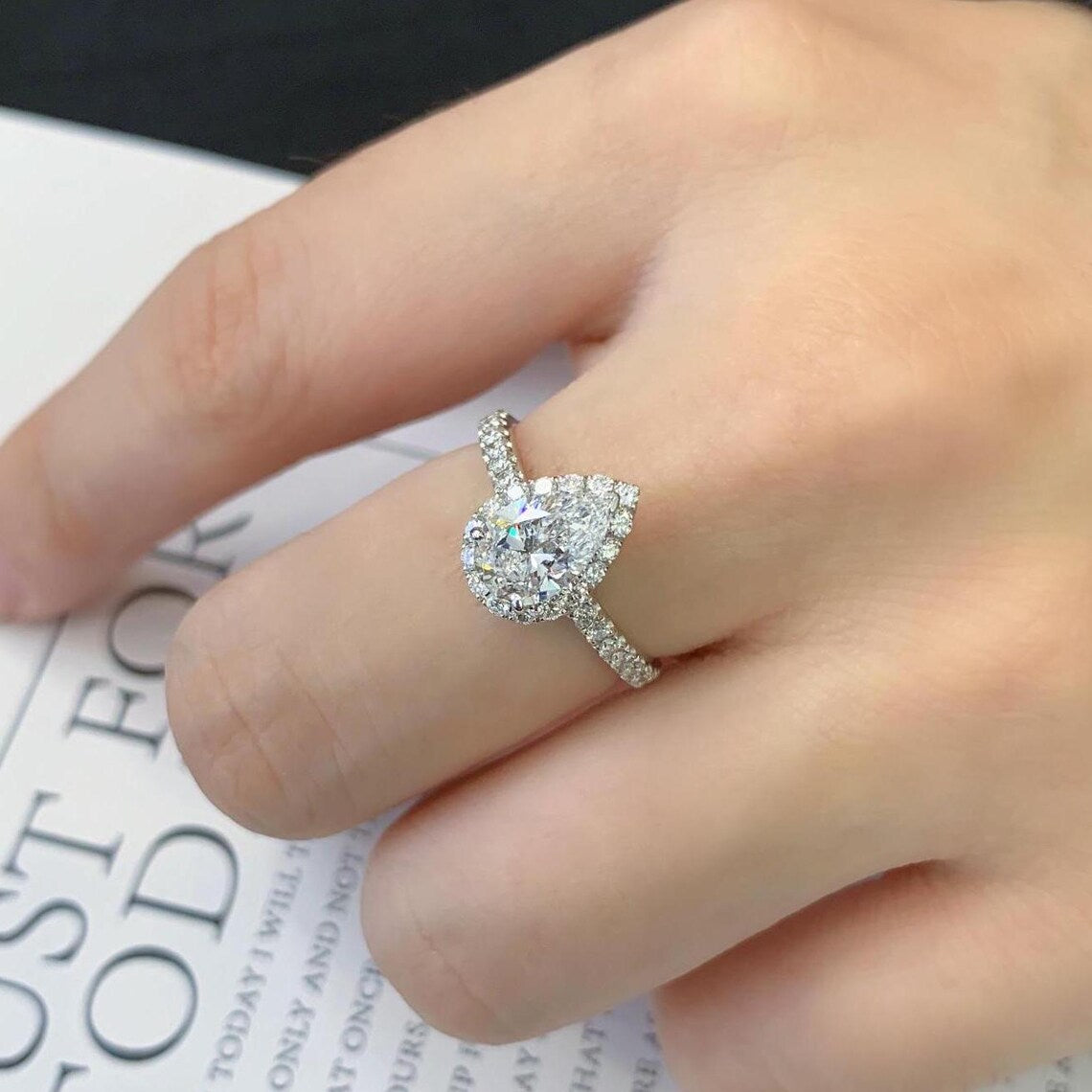 Pear 2.00tcw Lab Grown Diamond Halo Cathedral Style Pave Engagement Ring, D-E-F Color, VVS-VS Clarity - IGI Certified