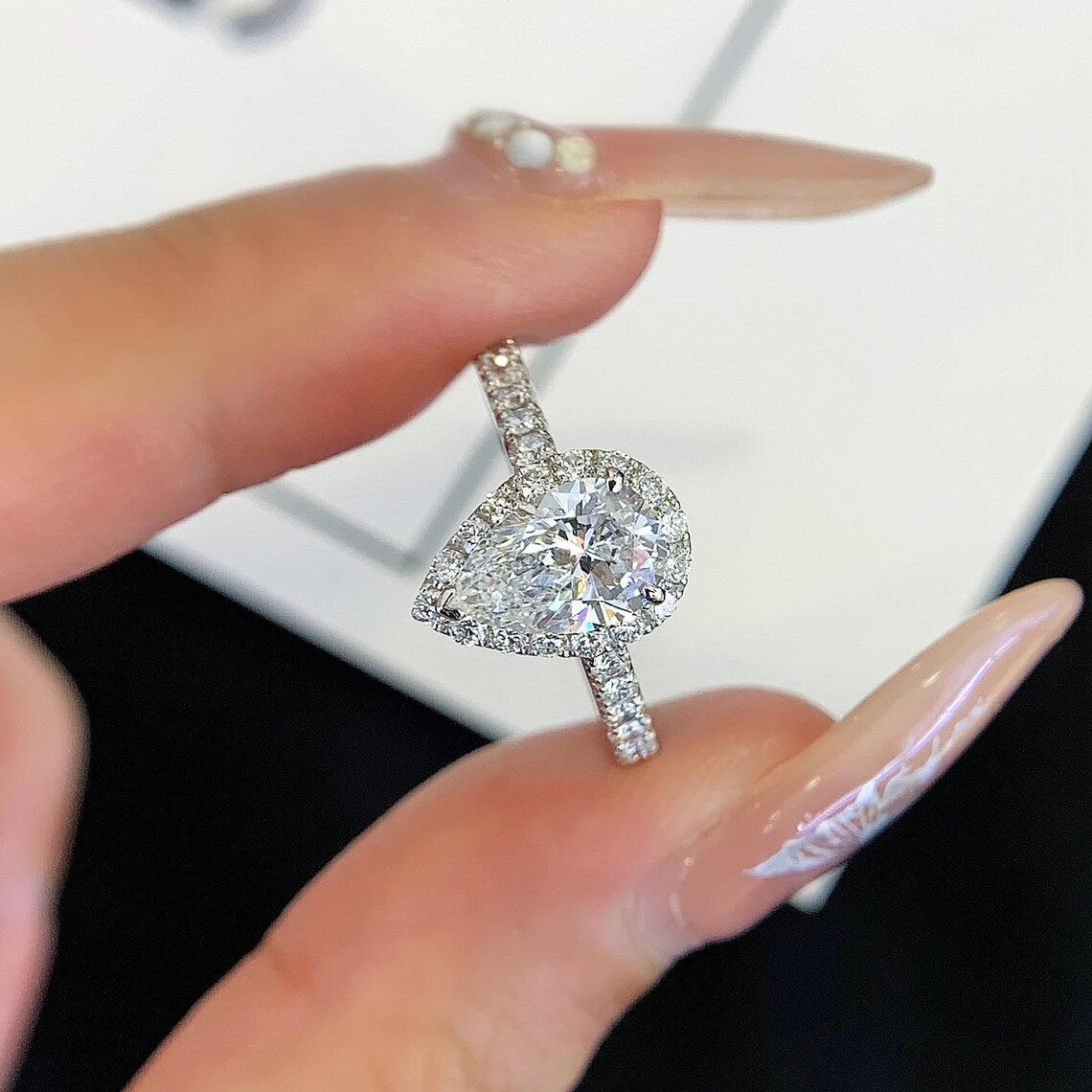 Pear 2.00tcw Lab Grown Diamond Halo Cathedral Style Pave Engagement Ring, D-E-F Color, VVS-VS Clarity - IGI Certified