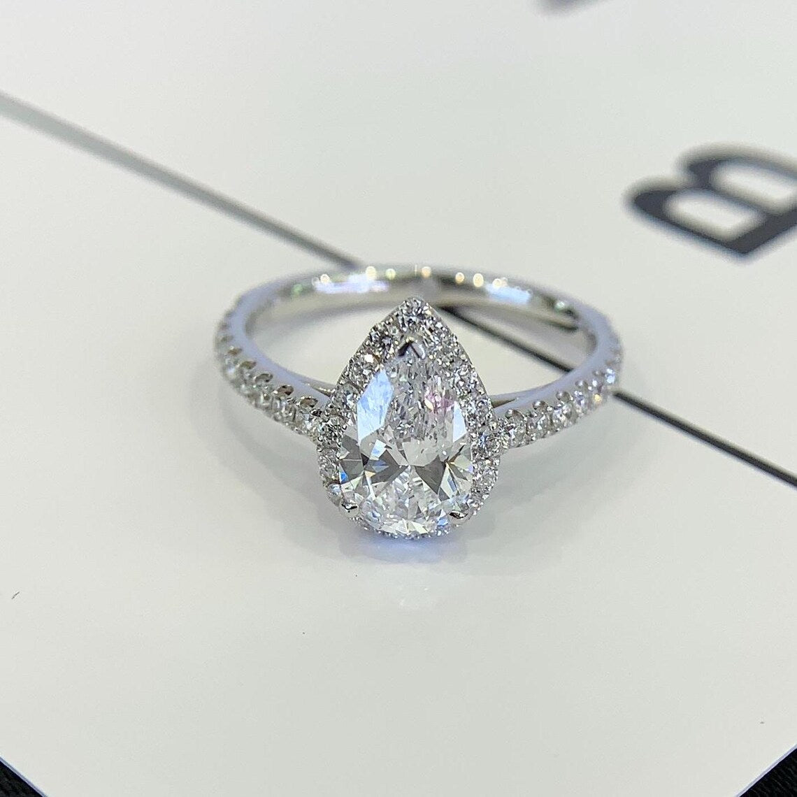 Pear 2.00tcw Lab Grown Diamond Halo Cathedral Style Pave Engagement Ring, D-E-F Color, VVS-VS Clarity - IGI Certified