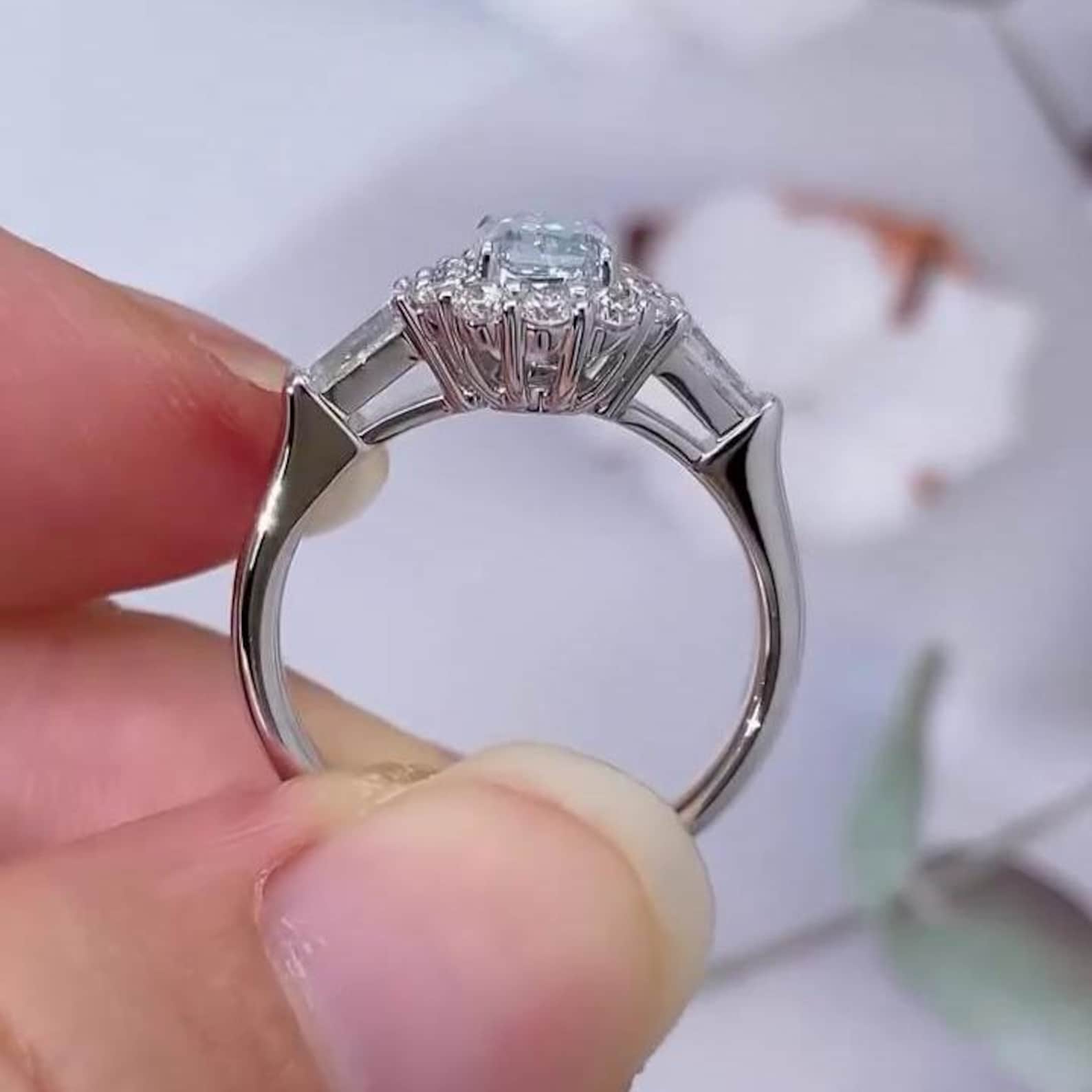 Radiant Fancy Blue 1.75tcw Lab Grown Diamond Halo Three Stone Engagement Ring, EF Color, VS Clarity