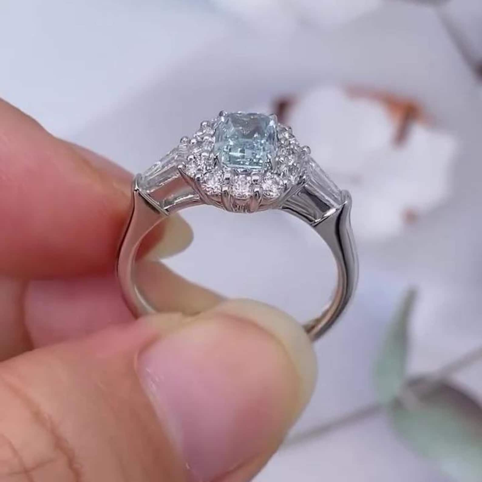 Radiant Fancy Blue 1.75tcw Lab Grown Diamond Halo Three Stone Engagement Ring, EF Color, VS Clarity