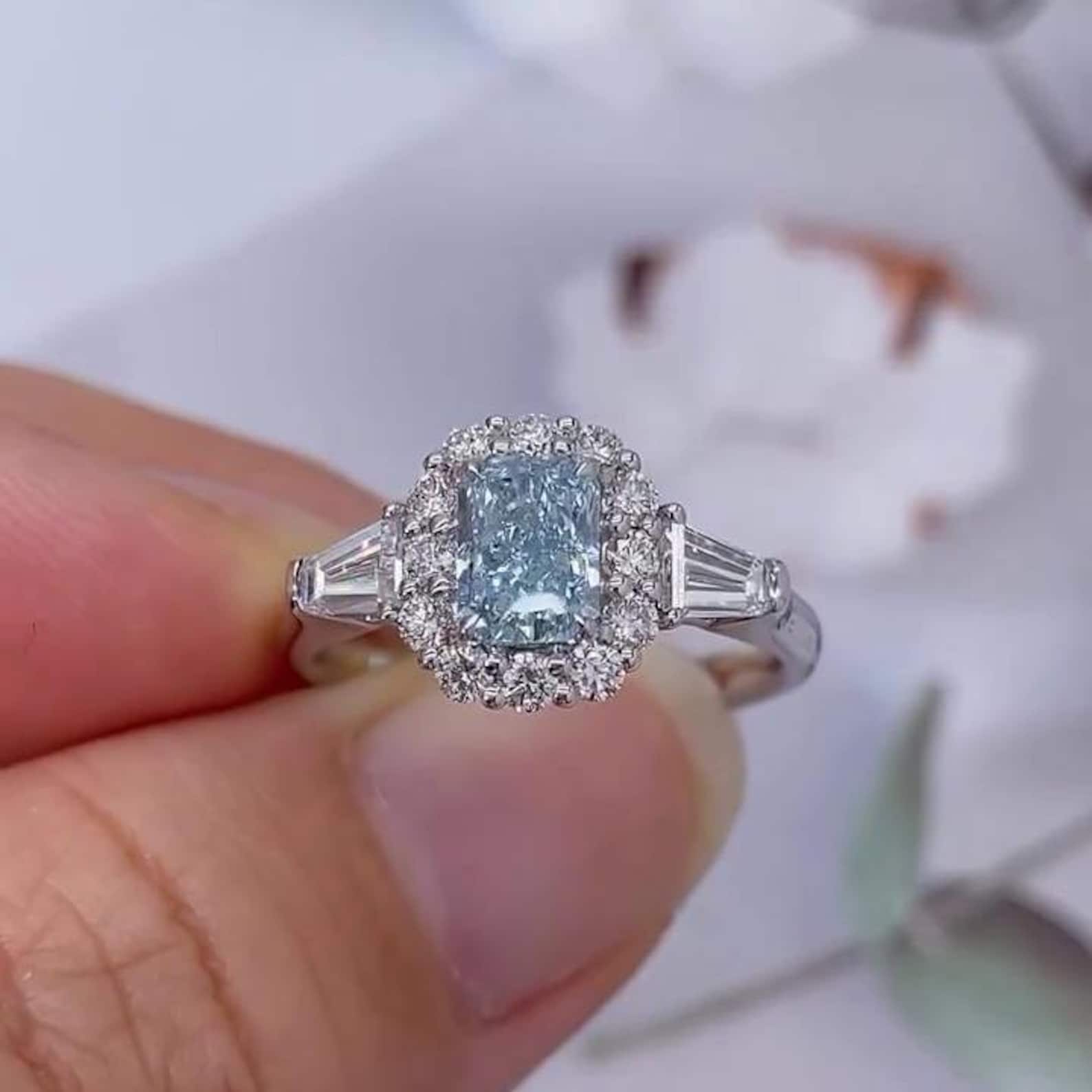 Radiant Fancy Blue 1.75tcw Lab Grown Diamond Halo Three Stone Engagement Ring, EF Color, VS Clarity
