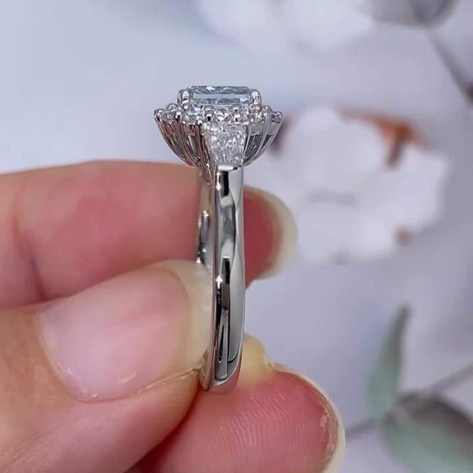 Radiant Fancy Blue 1.75tcw Lab Grown Diamond Halo Three Stone Engagement Ring, EF Color, VS Clarity