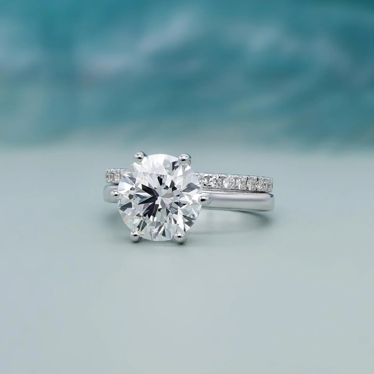 3.20tcw Round Lab Grown Diamond Ring Set, Solitaire Engagement with Band, VVS-VS Clarity, DEF Color