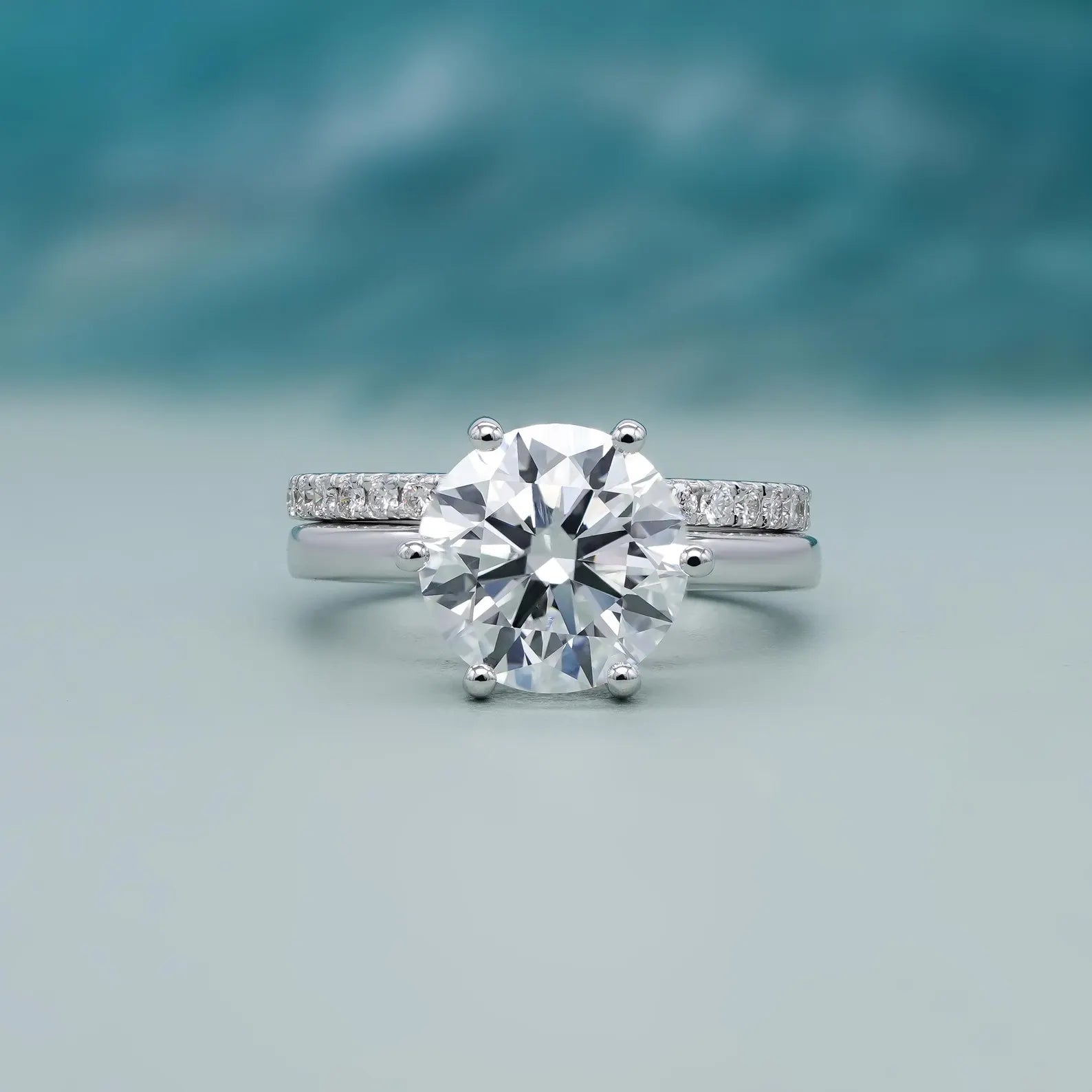 3.20tcw Round Lab Grown Diamond Ring Set, Solitaire Engagement with Band, VVS-VS Clarity, DEF Color