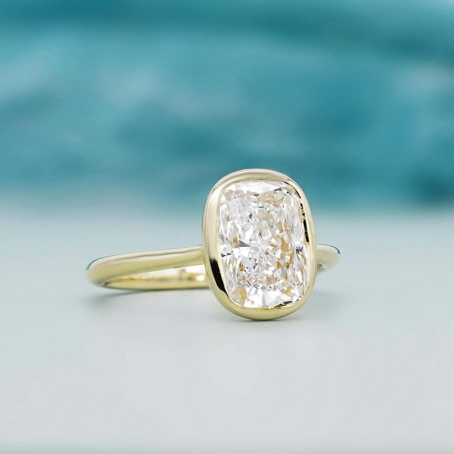 2.50Carat Cushion Cut Lab Grown Diamond Ring | Bezel Set in 14k Yellow Gold | D-E-F Color, VVS–VS Clarity | Modern Solitaire