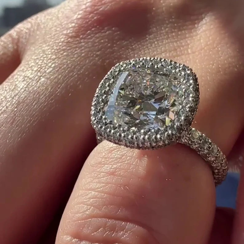 Cushion 5.50tcw Lab Diamond Pave Halo Ring | D-E-F VVS-VS | Rose Gold | IGI Certified