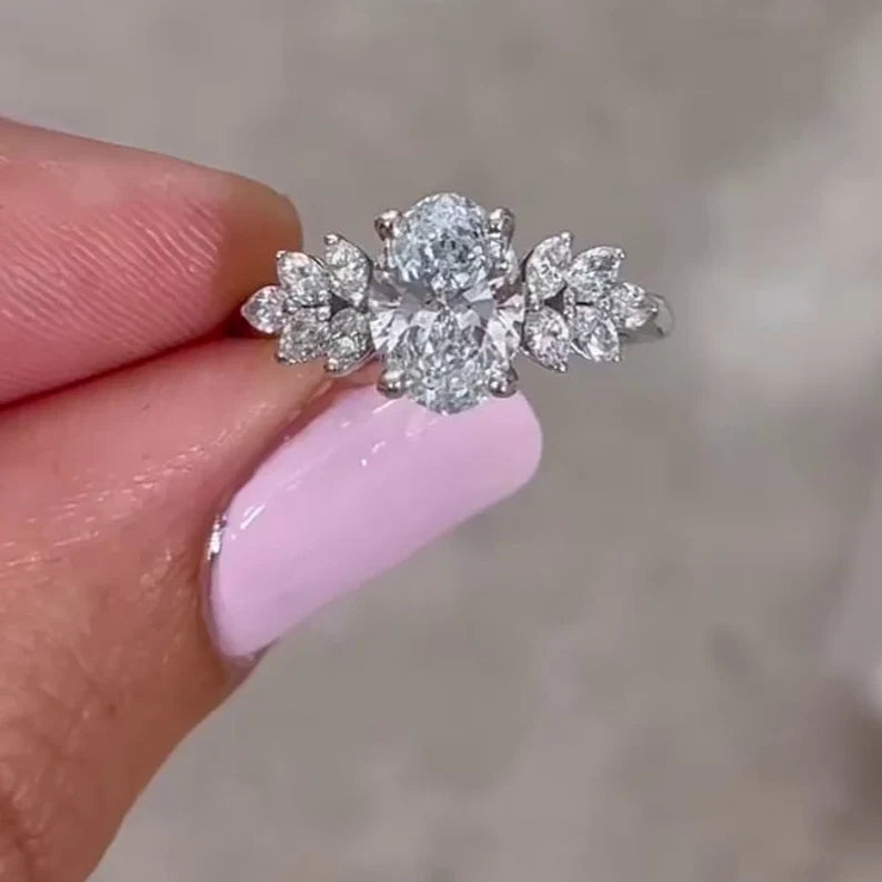 Oval 2.00tcw Lab Grown Diamond, Marquise Side Stone Engagement Ring, D-E-F Color, VVS-VS Clarity, IGI Certified