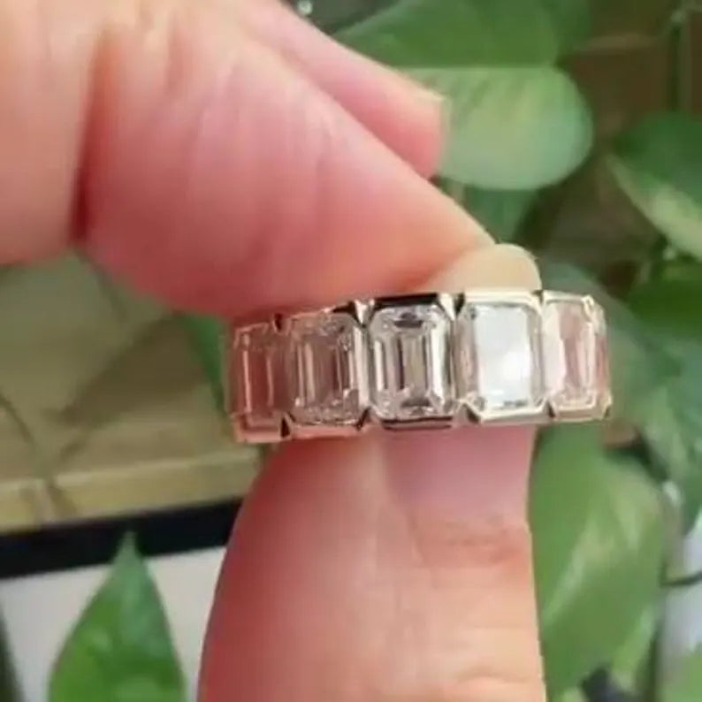 11.20tcw Emerald Lab Grown Diamond Ring | Half Bezel Set | D-E-F Color VVS-VS Clarity | IGI Certified | 10k 14k 18k Platinum Gold