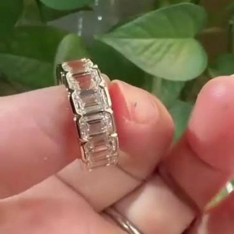 11.20tcw Emerald Lab Grown Diamond Ring | Half Bezel Set | D-E-F Color VVS-VS Clarity | IGI Certified | 10k 14k 18k Platinum Gold