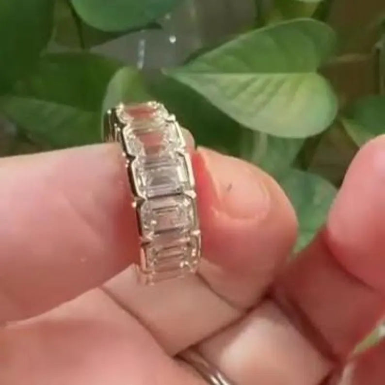 11.20tcw Emerald Lab Grown Diamond Ring | Half Bezel Set | D-E-F Color VVS-VS Clarity | IGI Certified | 10k 14k 18k Platinum Gold