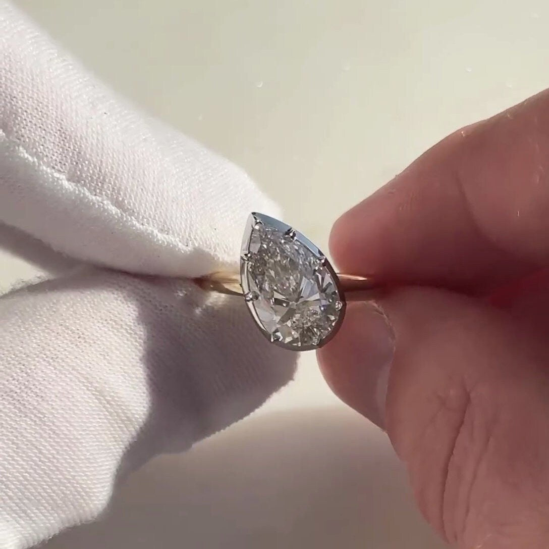 Pear 3.00ct Lab Grown Diamond Two Tone Bezel Engagement Ring, D-E-F Color, VVS-VS Clarity - IGI Certified