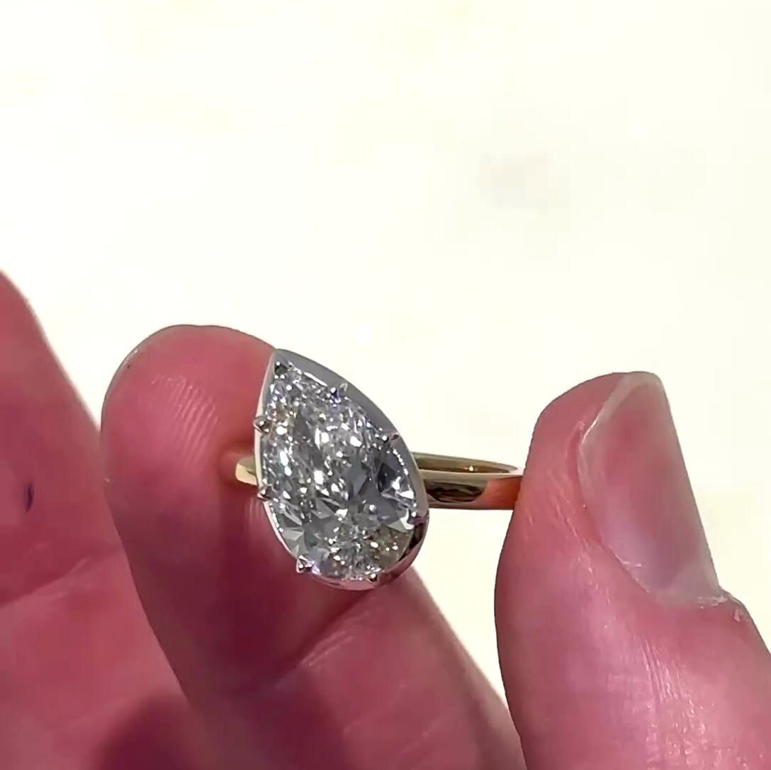 Pear 3.00ct Lab Grown Diamond Two Tone Bezel Engagement Ring, D-E-F Color, VVS-VS Clarity - IGI Certified