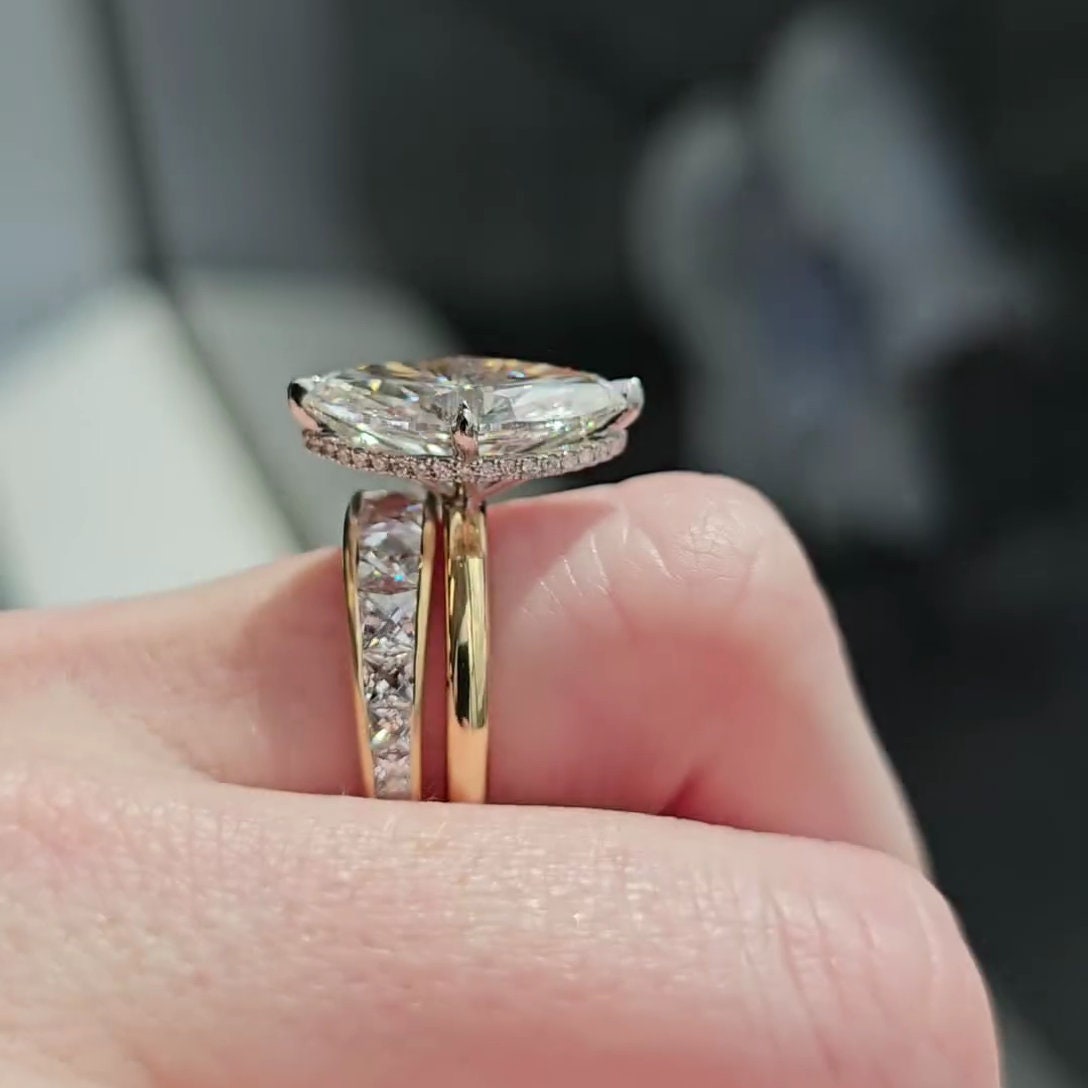 Marquise 5.50ct Lab Grown Diamond Two Tone Hidden Halo Engagement Ring, D-E-F Color, VVS-VS Clarity