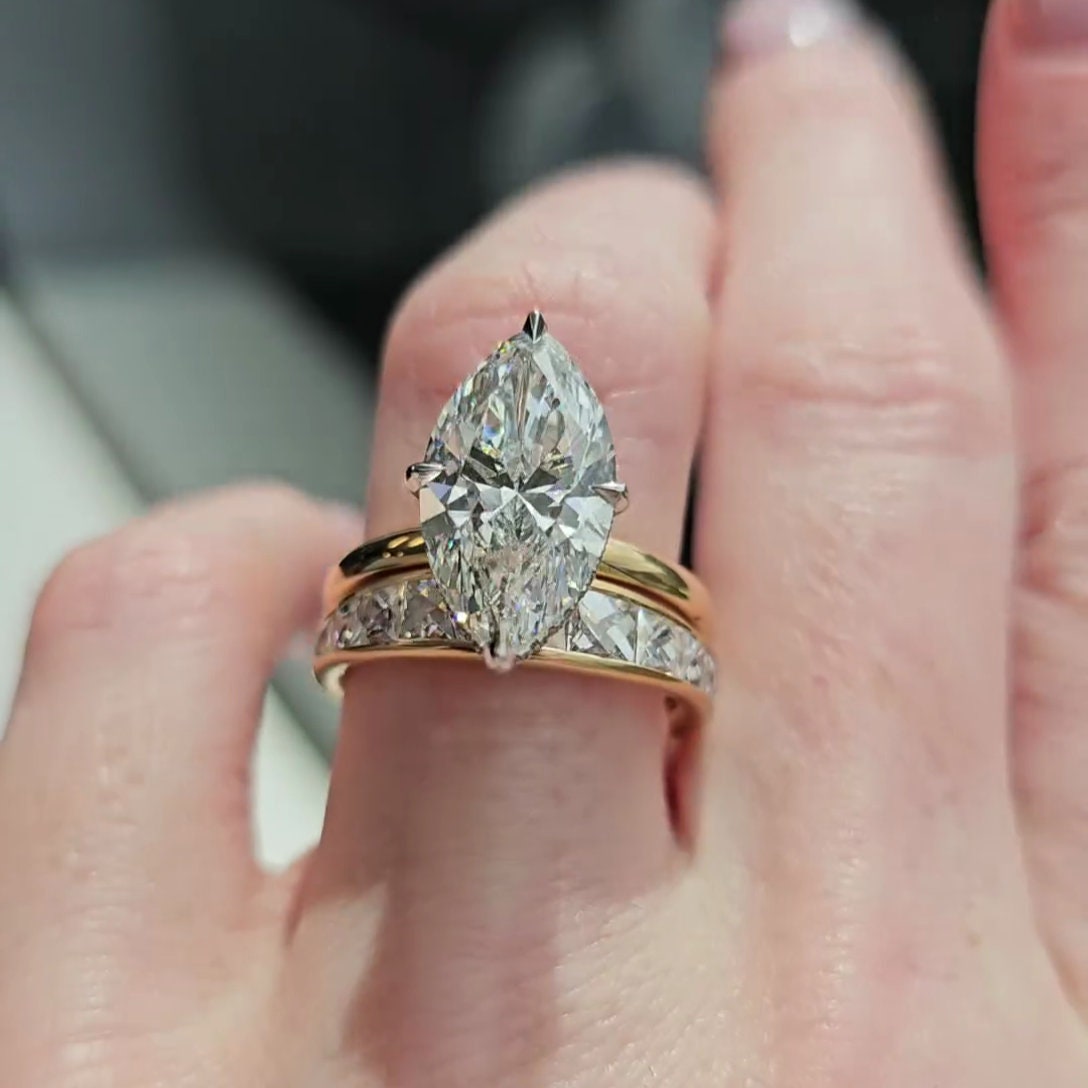 Marquise 3.30tcw Lab Grown Diamond Two Tone Hidden Halo Engagement Ring, D-E-F Color, VVS-VS Clarity