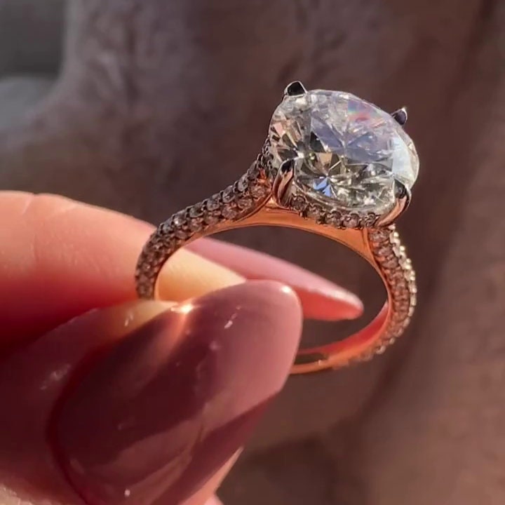 Round 3.20tcw Lab Grown Diamond Two Tone Cathedral Pave Engagement Ring, D-E-F Color, VVS-VS Clarity