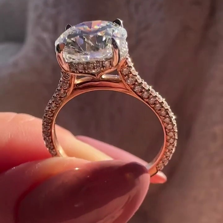 Round 3.20tcw Lab Grown Diamond Two Tone Cathedral Pave Engagement Ring, D-E-F Color, VVS-VS Clarity