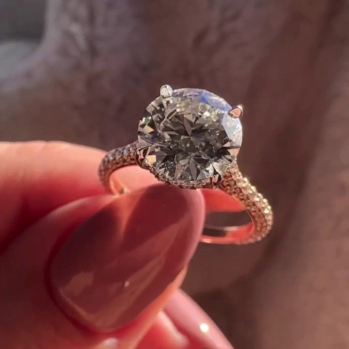 Round 3.20tcw Lab Grown Diamond Two Tone Cathedral Pave Engagement Ring, D-E-F Color, VVS-VS Clarity
