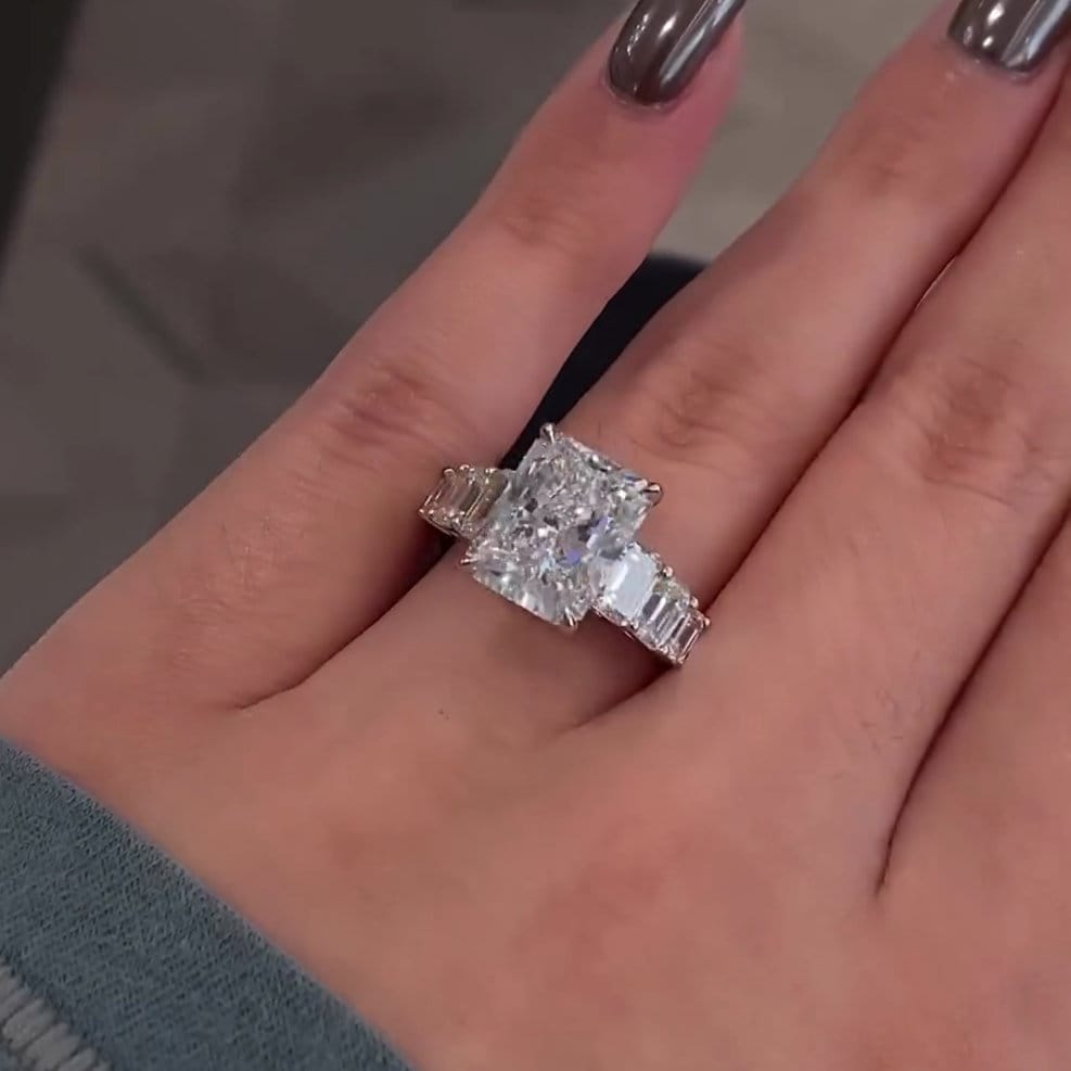 Radiant 7.5tcw Lab Grown Diamond Side-stone Engagement Ring, D-E-F Color, VVS-VS Clarity