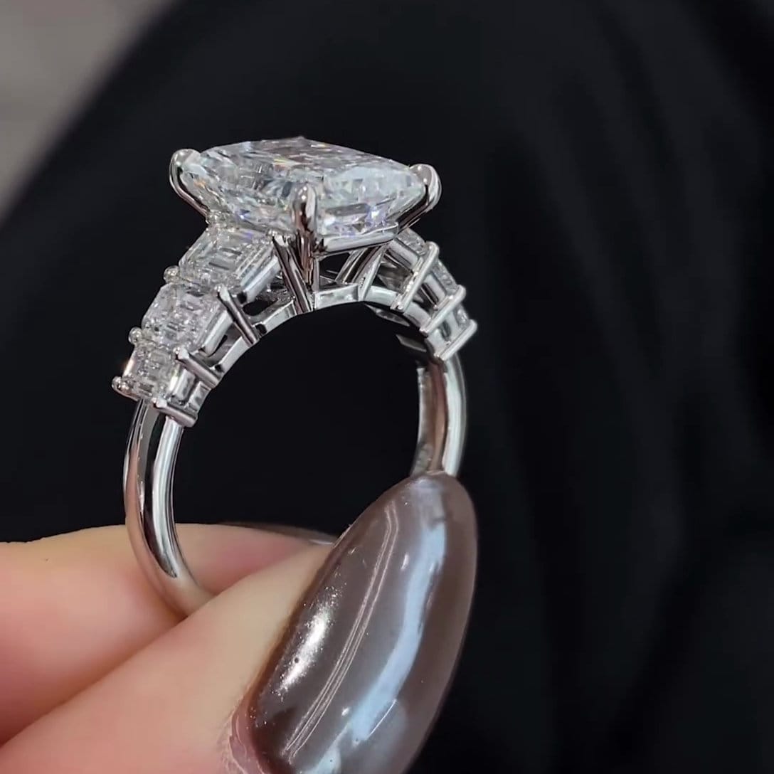 Radiant 7.5tcw Lab Grown Diamond Side-stone Engagement Ring, D-E-F Color, VVS-VS Clarity