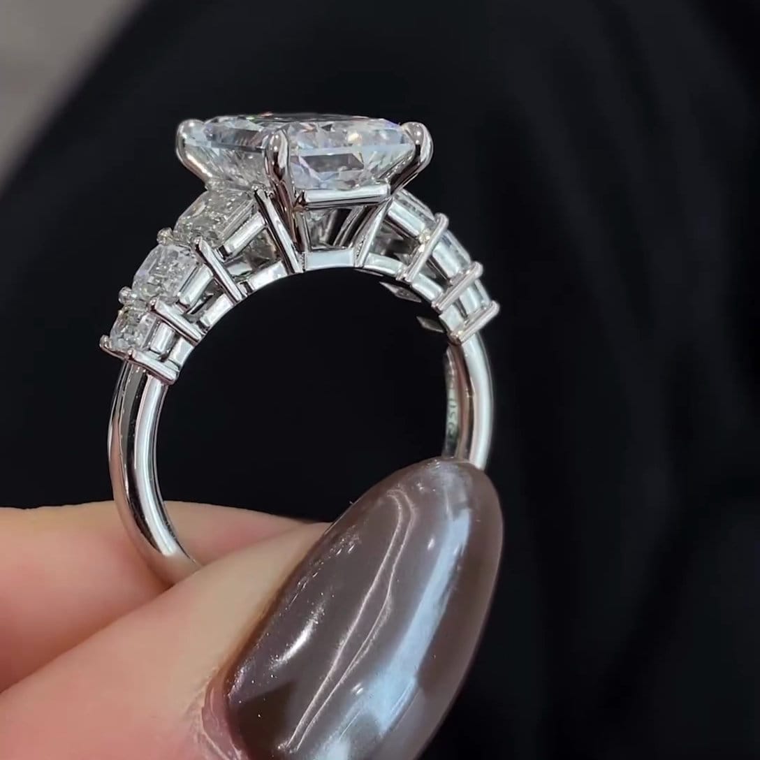 Radiant 7.5tcw Lab Grown Diamond Side-stone Engagement Ring, D-E-F Color, VVS-VS Clarity