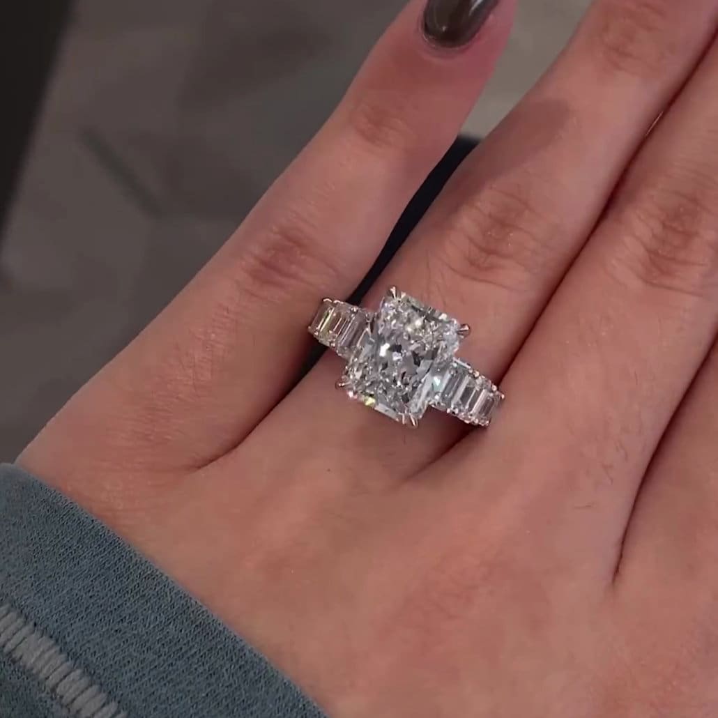 Radiant 7.5tcw Lab Grown Diamond Side-stone Engagement Ring, D-E-F Color, VVS-VS Clarity
