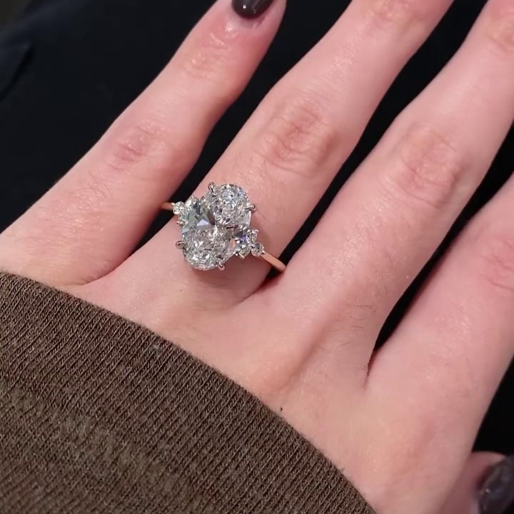 Oval 4.00ct Lab Grown Diamond Three Stone Engagement Ring, D-E-F Color, VVS-VS Clarity
