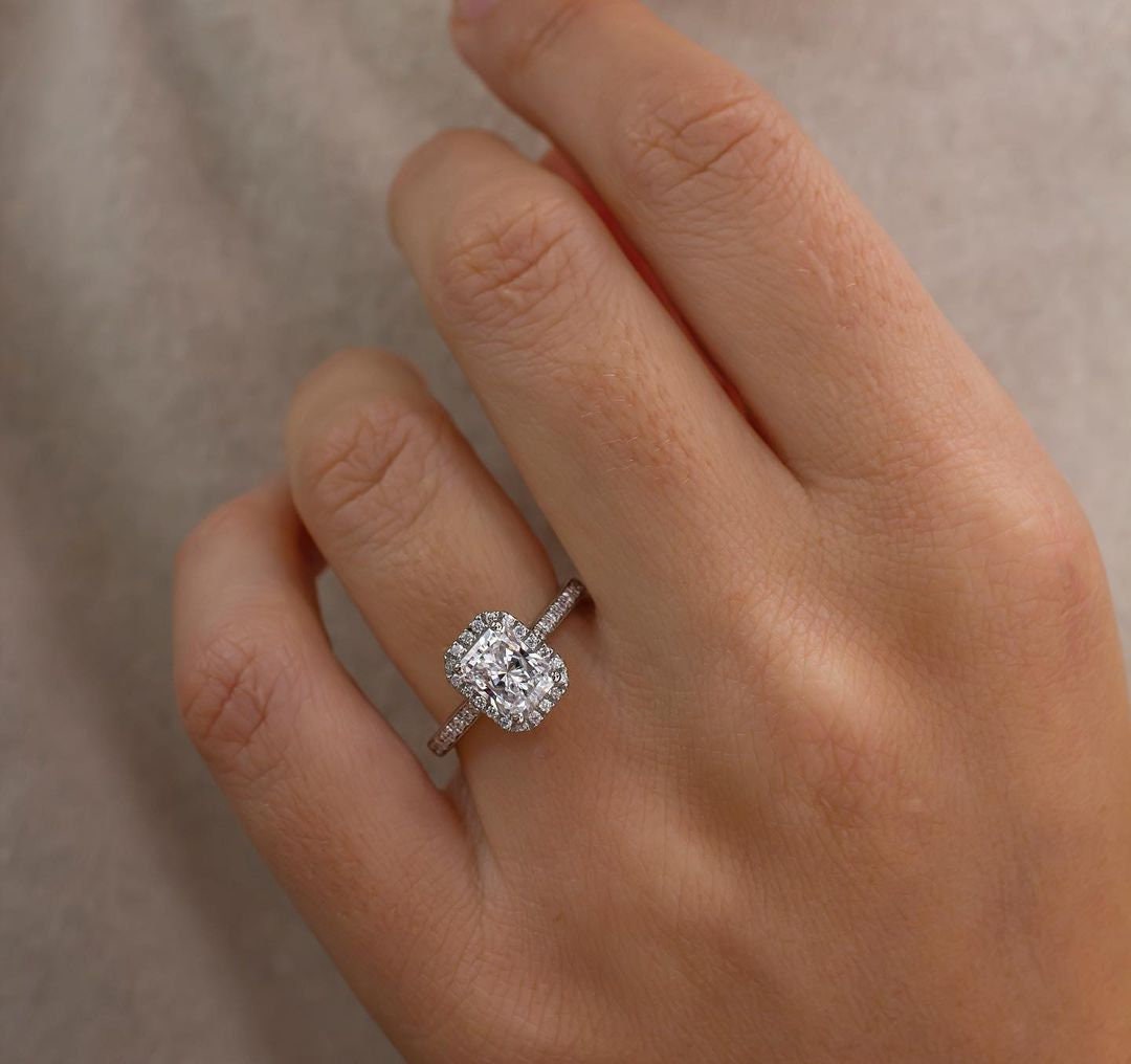Radiant 2.20tcw Lab Grown Diamond Ring Halo Pave Style Engagement Ring, D-E-F Color, VVS-VS Clarity
