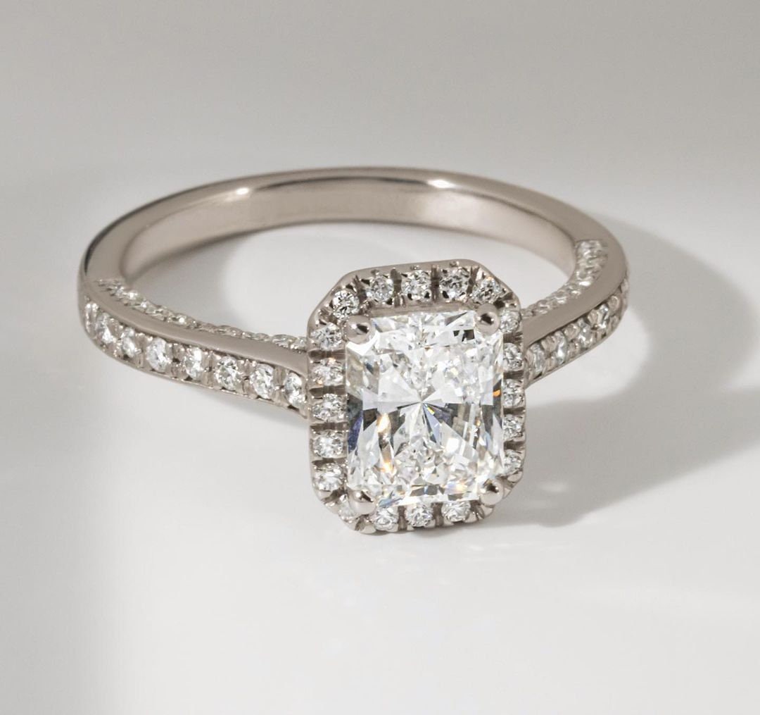 Radiant 2.20tcw Lab Grown Diamond Ring Halo Pave Style Engagement Ring, D-E-F Color, VVS-VS Clarity