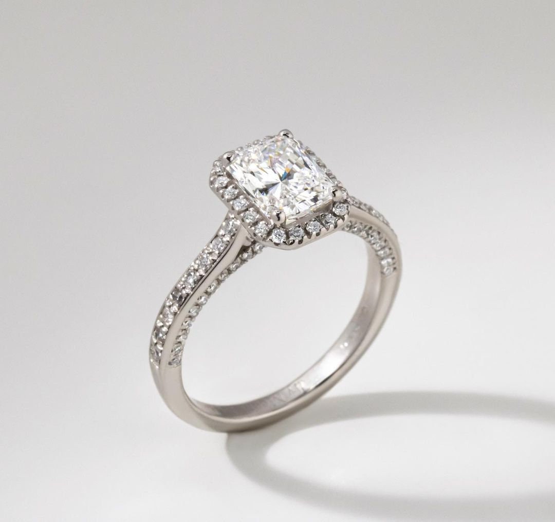 Radiant 2.20tcw Lab Grown Diamond Ring Halo Pave Style Engagement Ring, D-E-F Color, VVS-VS Clarity
