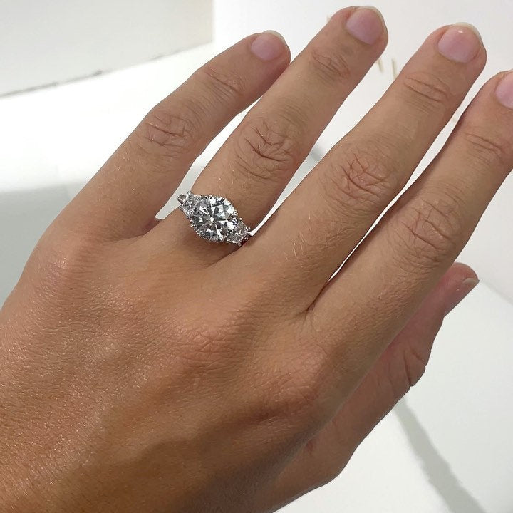Round 2.50tcw Lab Grown Diamond Vintage Style Trapezoid Three Stone Engagement Ring, D-E-F Color, VVS-VS Clarity