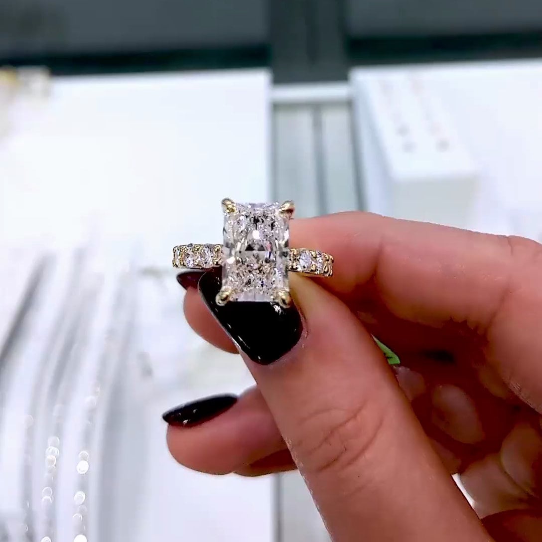 Radiant 4.60tcw Lab Grown Diamond Pave Hidden Halo Engagement Ring, D-E-F Color, VVS-VS Clarity