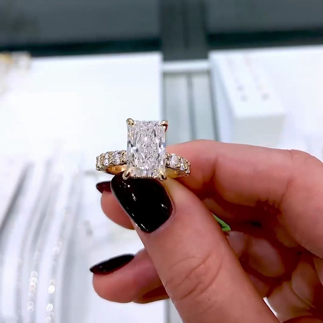 Radiant 4.60tcw Lab Grown Diamond Pave Hidden Halo Engagement Ring, D-E-F Color, VVS-VS Clarity