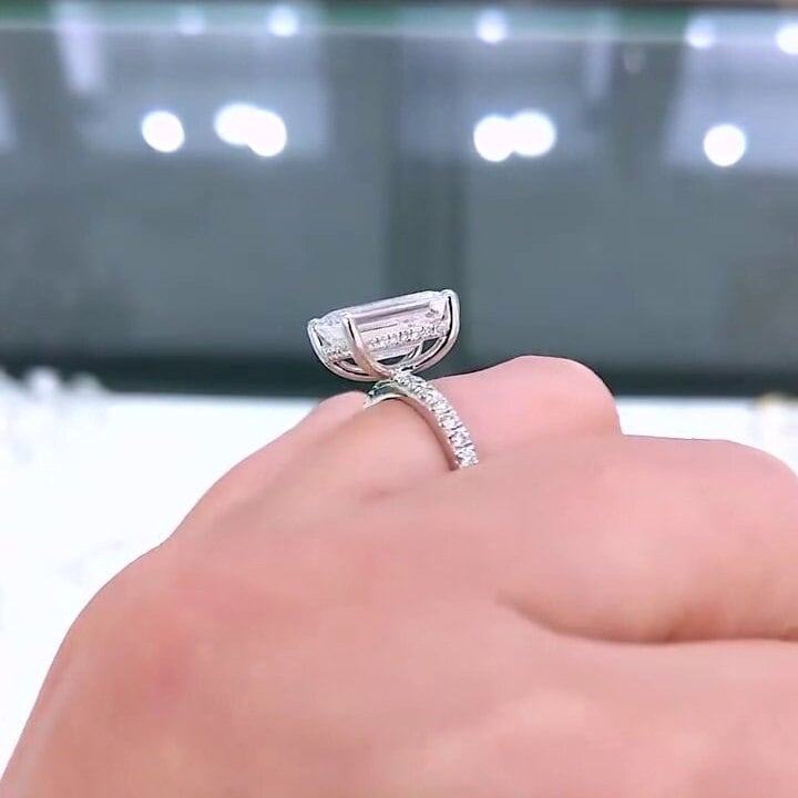 Emerald 3.70tcw Lab Grown Diamond Hidden Halo Pave Engagement Ring, D-E-F Color, VVS-VS Clarity