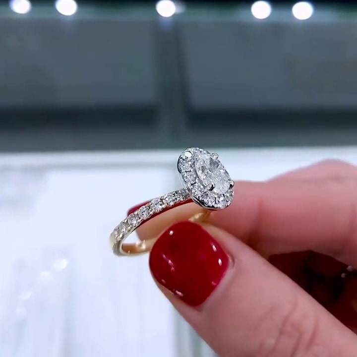 Oval 1.30tcw Lab Grown Diamond Halo Pave-Style Two Tone Engagement Ring, D-E-F Color, VVS - VS Clarity