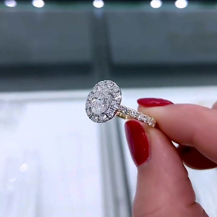 Oval 1.30tcw Lab Grown Diamond Halo Pave-Style Two Tone Engagement Ring, D-E-F Color, VVS - VS Clarity