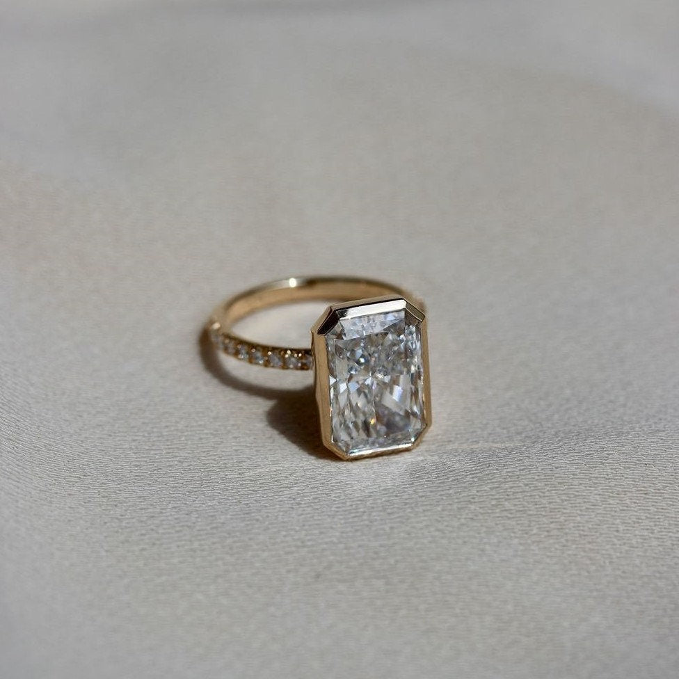 Radiant 5.30tcw Lab Grown Diamond Pave Bezel Set Engagement Ring, D-E-F Color, VVS-VS Clarity