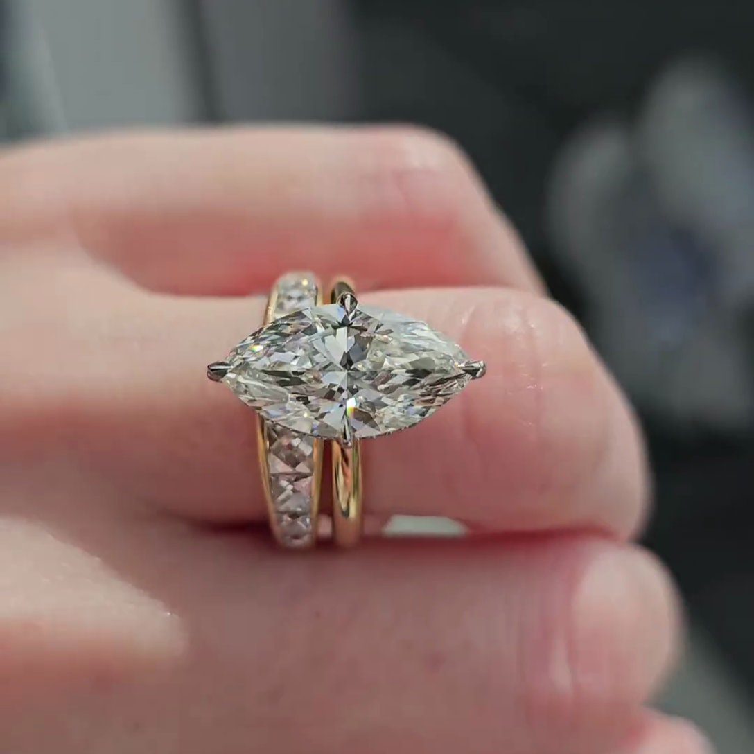 Marquise 3.30tcw Lab Grown Diamond Two Tone Hidden Halo Engagement Ring, D-E-F Color, VVS-VS Clarity