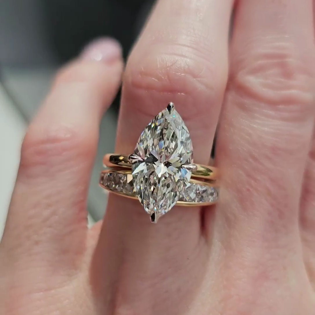 Marquise 5.50ct Lab Grown Diamond Two Tone Hidden Halo Engagement Ring, D-E-F Color, VVS-VS Clarity