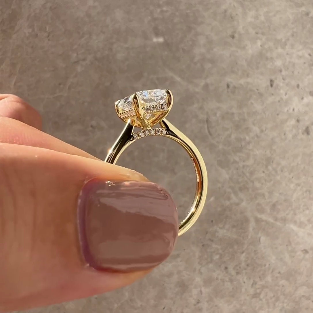 Radiant 2.20tcw Lab Grown Diamond Ring Cathedral Hidden Halo Engagement Ring, D-E-F Color, VVS-VS Clarity