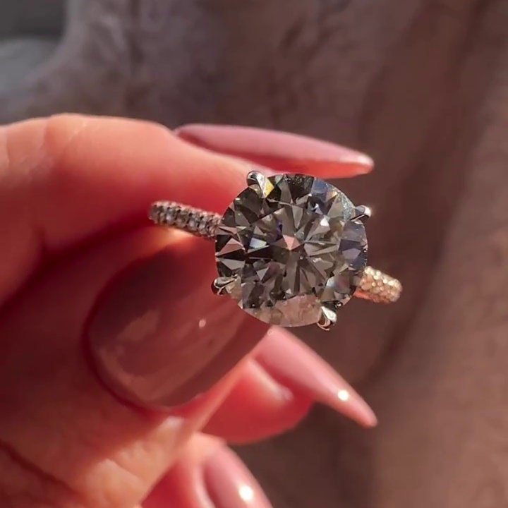 Round 3.20tcw Lab Grown Diamond Two Tone Cathedral Pave Engagement Ring, D-E-F Color, VVS-VS Clarity