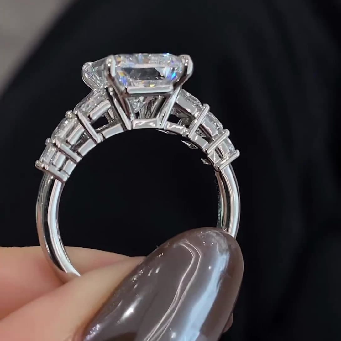 Radiant 7.5tcw Lab Grown Diamond Side-stone Engagement Ring, D-E-F Color, VVS-VS Clarity