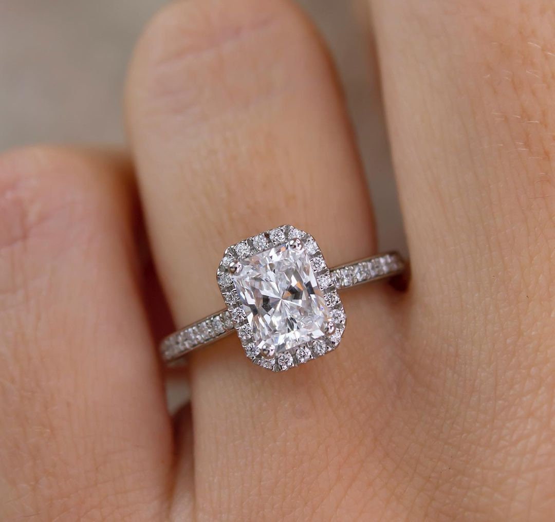 Radiant 2.20tcw Lab Grown Diamond Ring Halo Pave Style Engagement Ring, D-E-F Color, VVS-VS Clarity