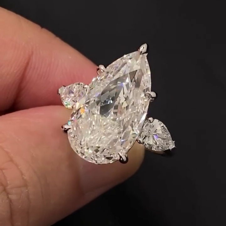 Pear 10.00tcw Lab Grown Diamond Cathedral Three Stone Engagement Ring, EF Color, VS Clarity